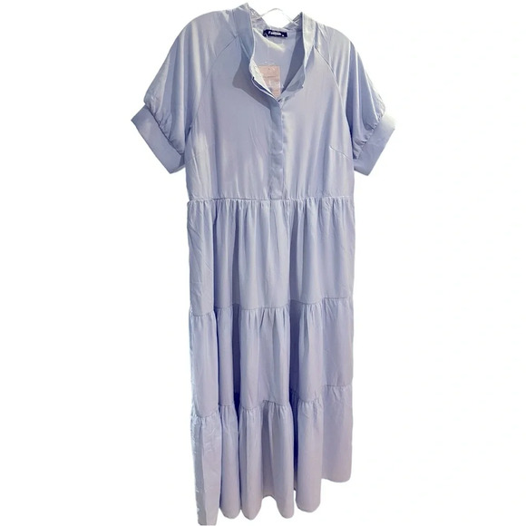 NWT Women Short Sleeve Summer Dress Button Down V Neck Ruffle Tiered Maxi Dress - Picture 5 of 6